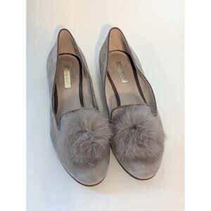 LOUISE ET CIE Lo Andres Genuine Rabbit Fur Pom Pom Flat Loafer Suede Gray Sz 9